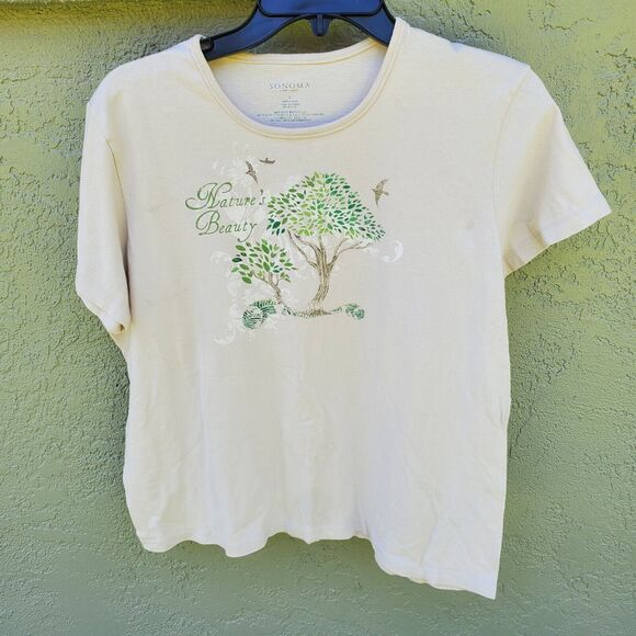 Sonoma Womens T Shirt Size L Large "Nature's Beauty" 23"L 20"P2P Yellow w Tree - Picture 1 of 3